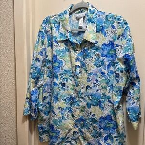 Alfred Dunner Floral Button-Up Blouse in Blue and Green